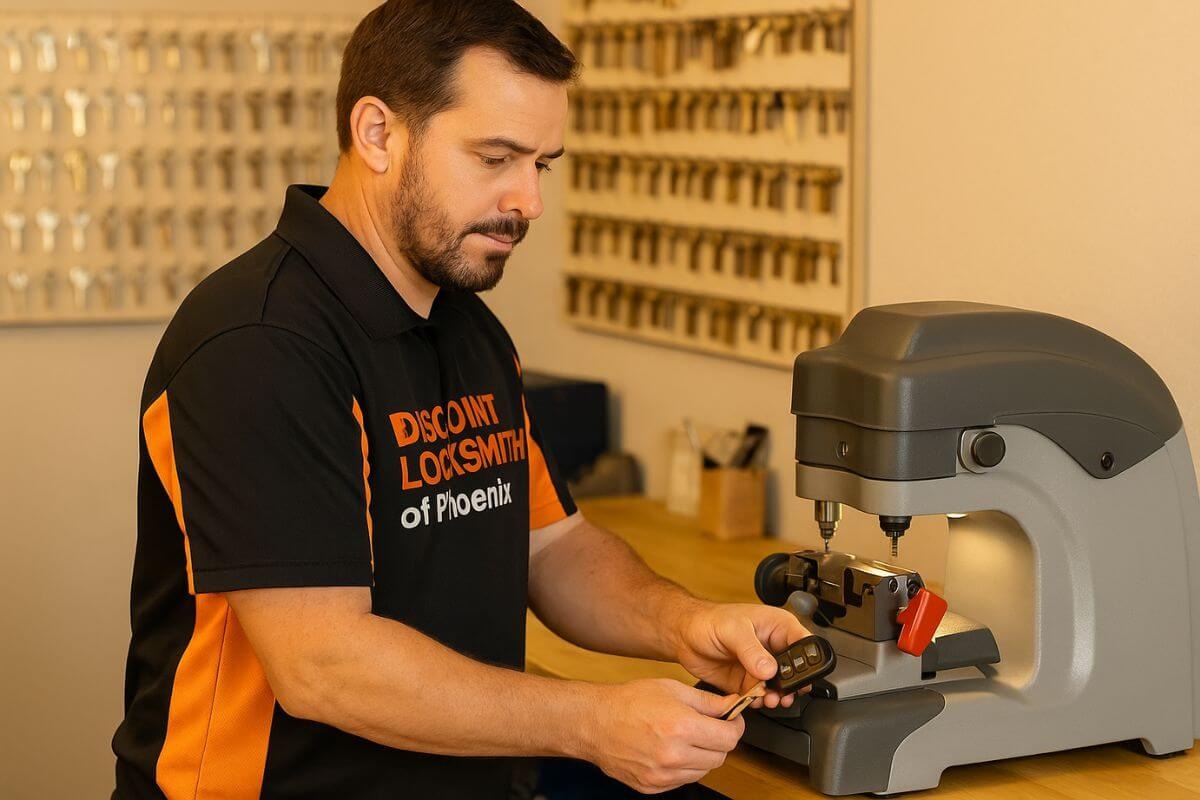 Locksmith cutting a replacement car key in Phoenix, AZ
