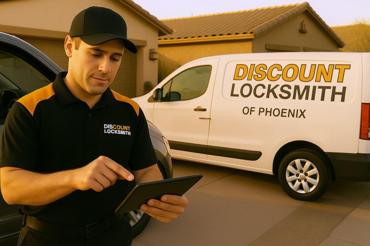 Technician programming a key fob next to a service van in Phoenix, AZ