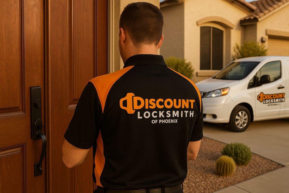 Locksmith rekeying a front door lock at a home in Phoenix, AZ