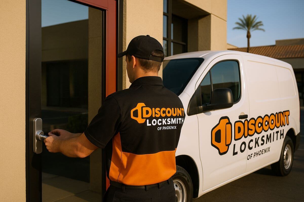 Commercial locksmith working on a business door lock in Phoenix, AZ