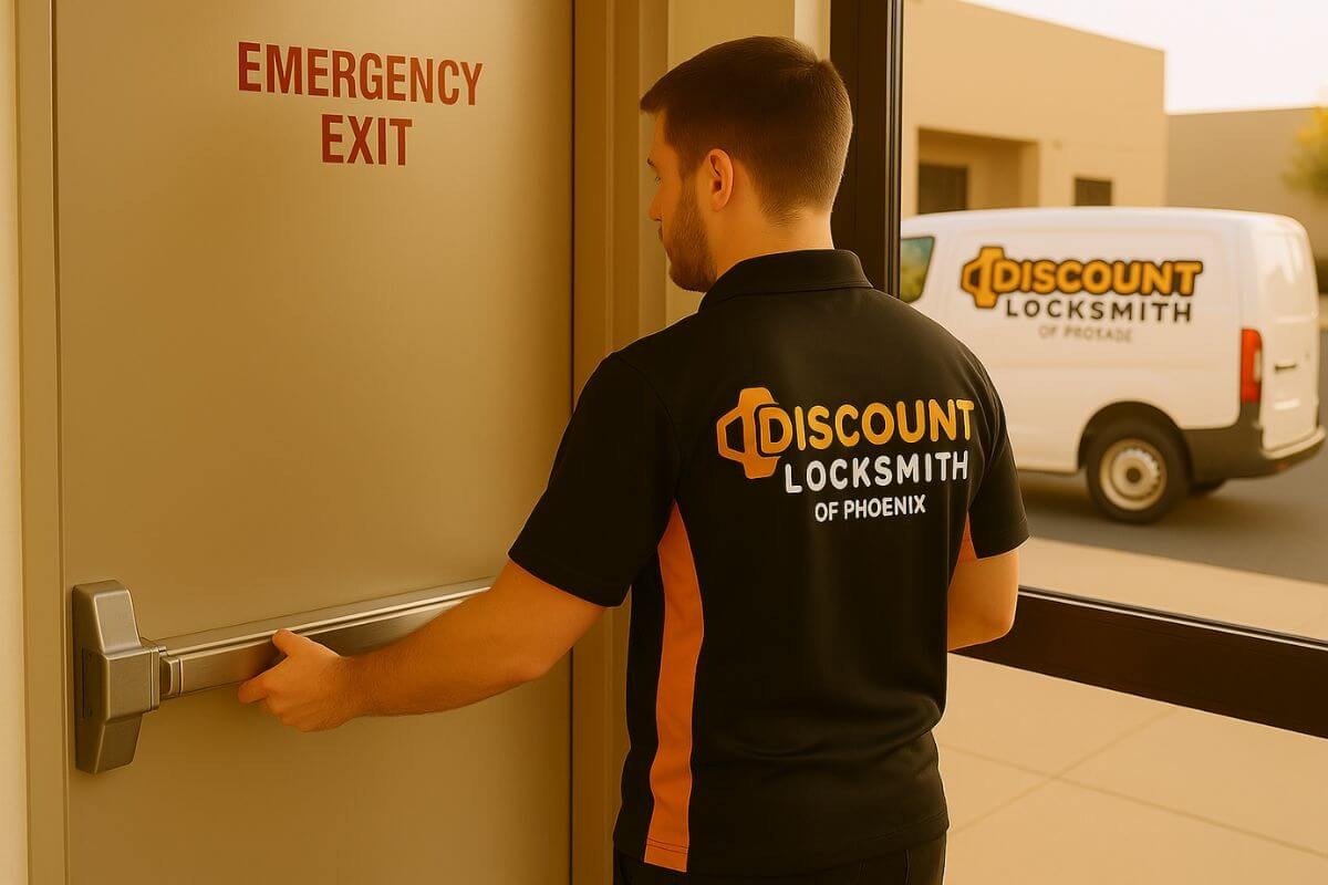 Locksmith installing a panic bar on a commercial exit door in Phoenix, AZ