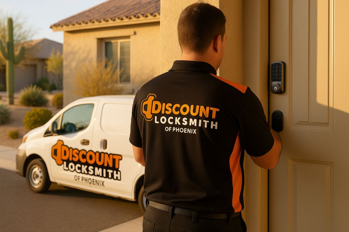 Technician installing a smart lock on a front door in Phoenix, AZ