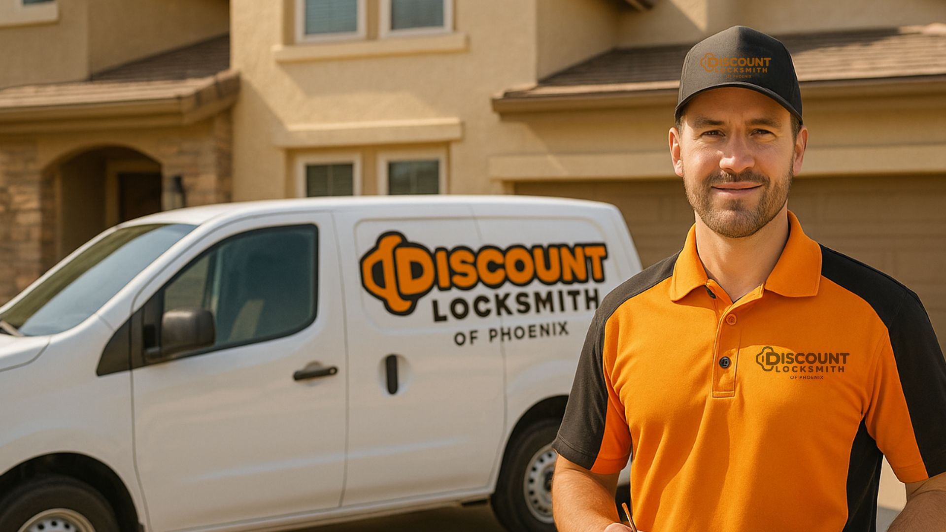 Discount Locksmith of Phoenix technicians beside the service van in Phoenix, AZ